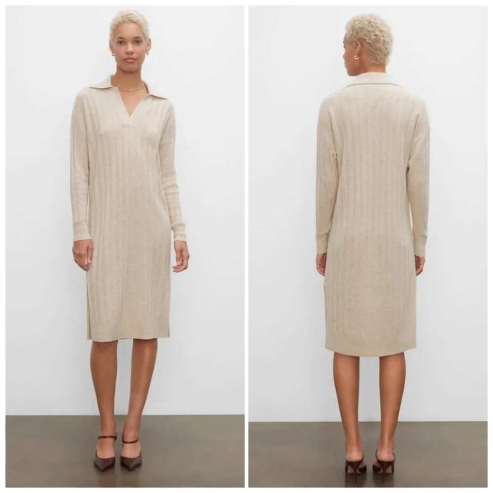 Club Monaco Cashmere Ribbed Polo Sweater Dress L Beige Knit Quiet Luxury Midi